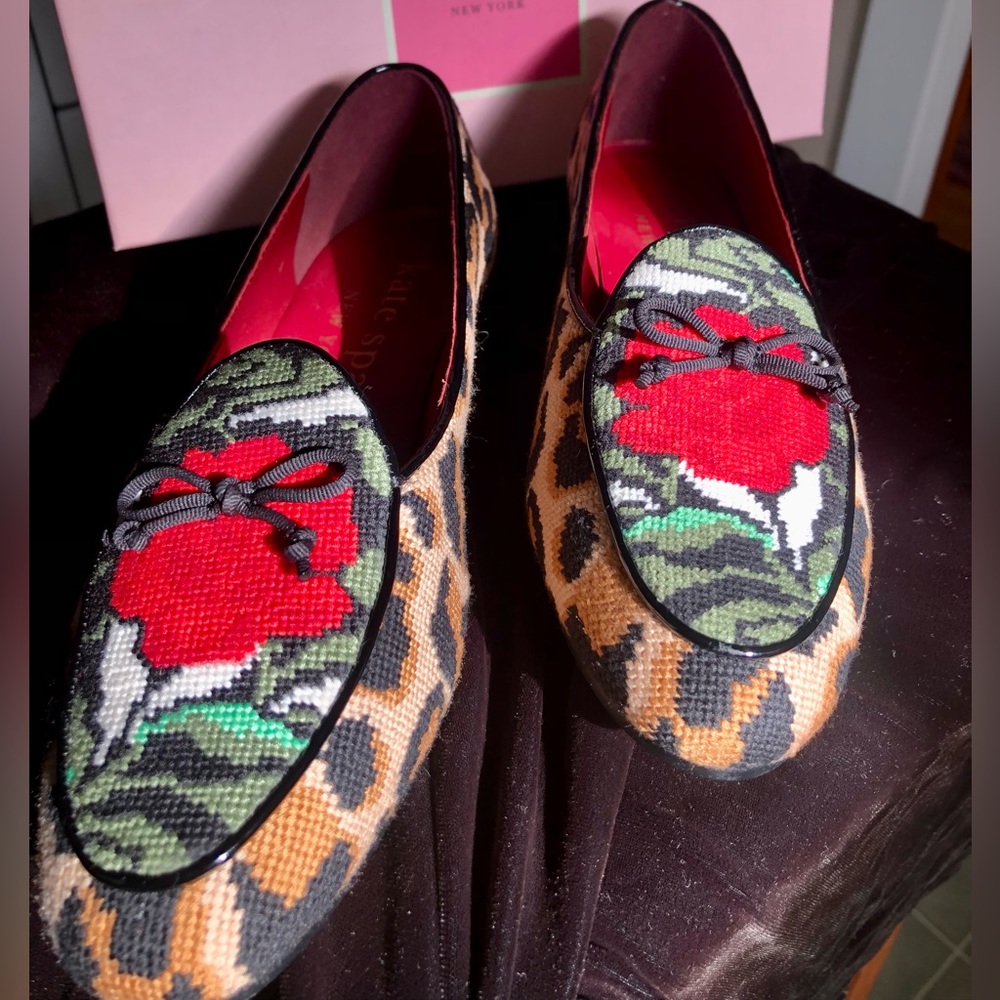 New Kate Spade Lovely Leopard Embroidery Flat Shoes